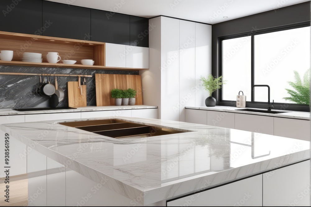 Close-up Marble granite kitchen counter island for product display on modern bright and clean kitchen space. 3d rendering, 3d illustration