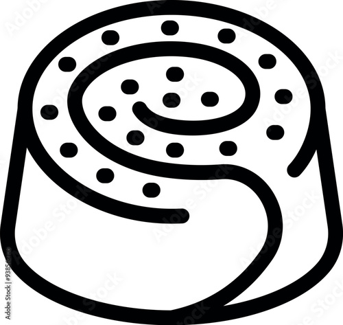 This simple black and white icon features a cinnamon roll with icing on top