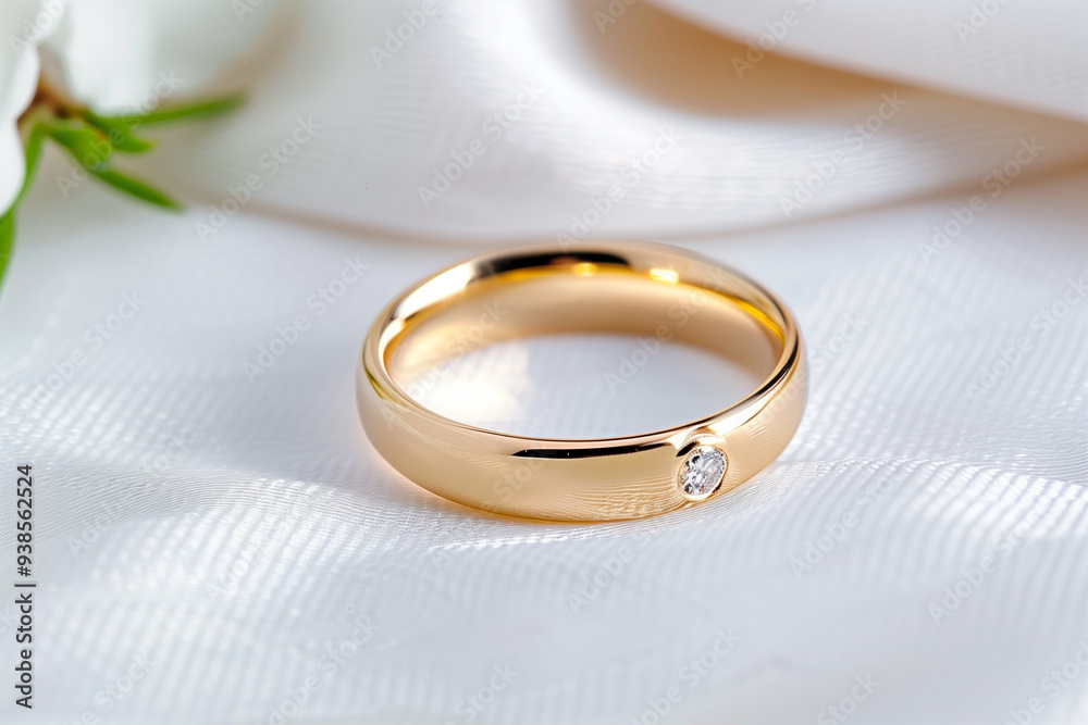 Elegant Gold Wedding Ring with Diamond Accent on Satin Fabric. Beautifully Crafted Gold Jewelry for Special Occasions and Celebrations Elegant Gold Wedding Ring with Diamond Accent on Satin Fabric. Beautifully Crafted Gold Jewelry for Special Occasions and Celebrations
