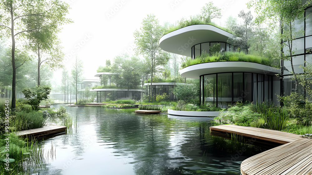 Modern architecture with a pond and wooden walkways. Modern architecture with a pond and wooden walkways.
