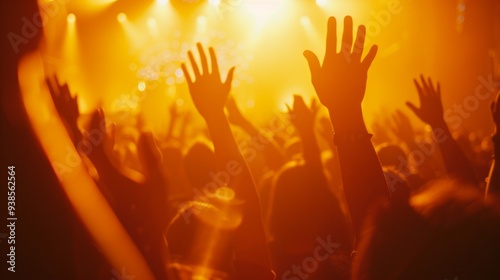 Euphoric Crowd at EDM Show, vibrant energy fills the air, hands raised high in excitement, minimalist backdrop enhances the electrifying atmosphere of the event