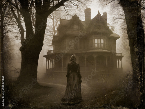 A Victorian era woman walks through the foggy woods toward an old haunted house.