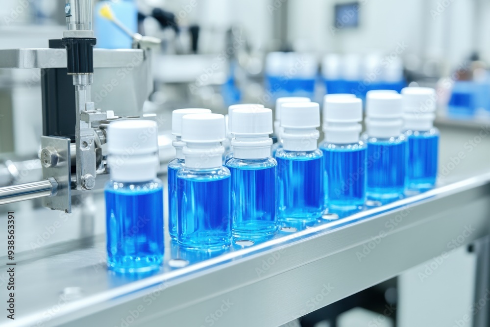 A production line showcasing clear bottles filled with blue liquid, representing manufacturing and industrial processes. A production line showcasing clear bottles filled with blue liquid, representing manufacturing and industrial processes.