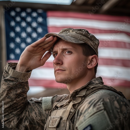 Portrait of a Military Man Saluting with the American Flag in the Background. photo