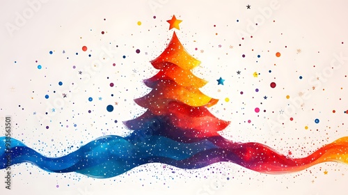 Festive illustration of a Christmas tree in modern geometric style for New Year 2025, incorporating stars and abstract vectors in vibrant colors on a white background. photo