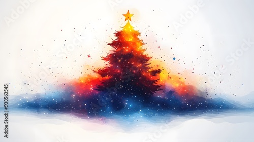 Festive illustration of a Christmas tree in modern geometric style for New Year 2025, incorporating stars and abstract vectors in vibrant colors on a white background. photo