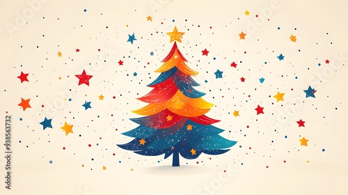 Geometric Christmas tree illustration in modern, minimalist style for New Year 2025, with bright stars and abstract elements in a flat cartoon design on a white background. photo