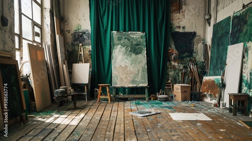 Artist's studio with an easel, canvas and a painting.
