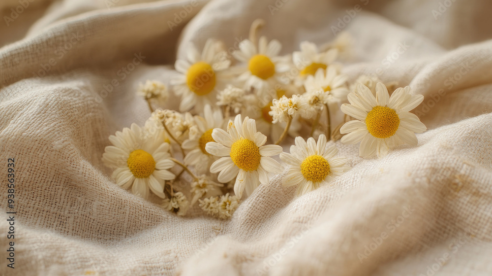 Chamomile Flowers Resting on Soft Linen Fabric Chamomile Flowers Resting on Soft Linen Fabric