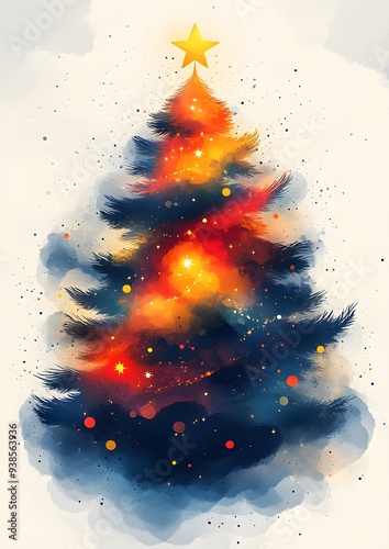 Flat cartoon illustration of a geometric Christmas tree for Happy New Year 2025, featuring vibrant colors, stars, and abstract elements on a white backdrop. photo