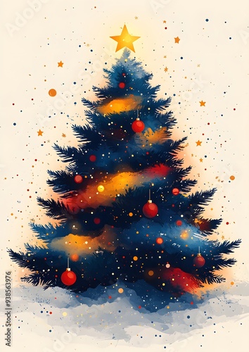 Geometric Christmas tree in a modern minimalist style for New Year 2025, with colorful stars and abstract vector elements against a white background. photo