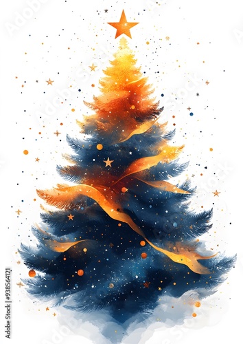 Flat cartoon style Christmas tree with a geometric design for New Year 2025, decorated with colorful stars and abstract elements against a white background. photo