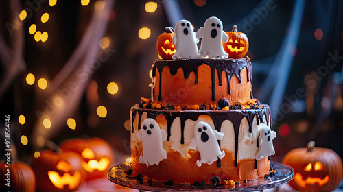 Halloween-Themed Cake with Ghosts and Jack-o'-Lantern Decorations photo