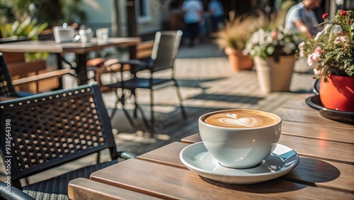 Latte Art on a Wooden Table in an Outdoor Cafe.