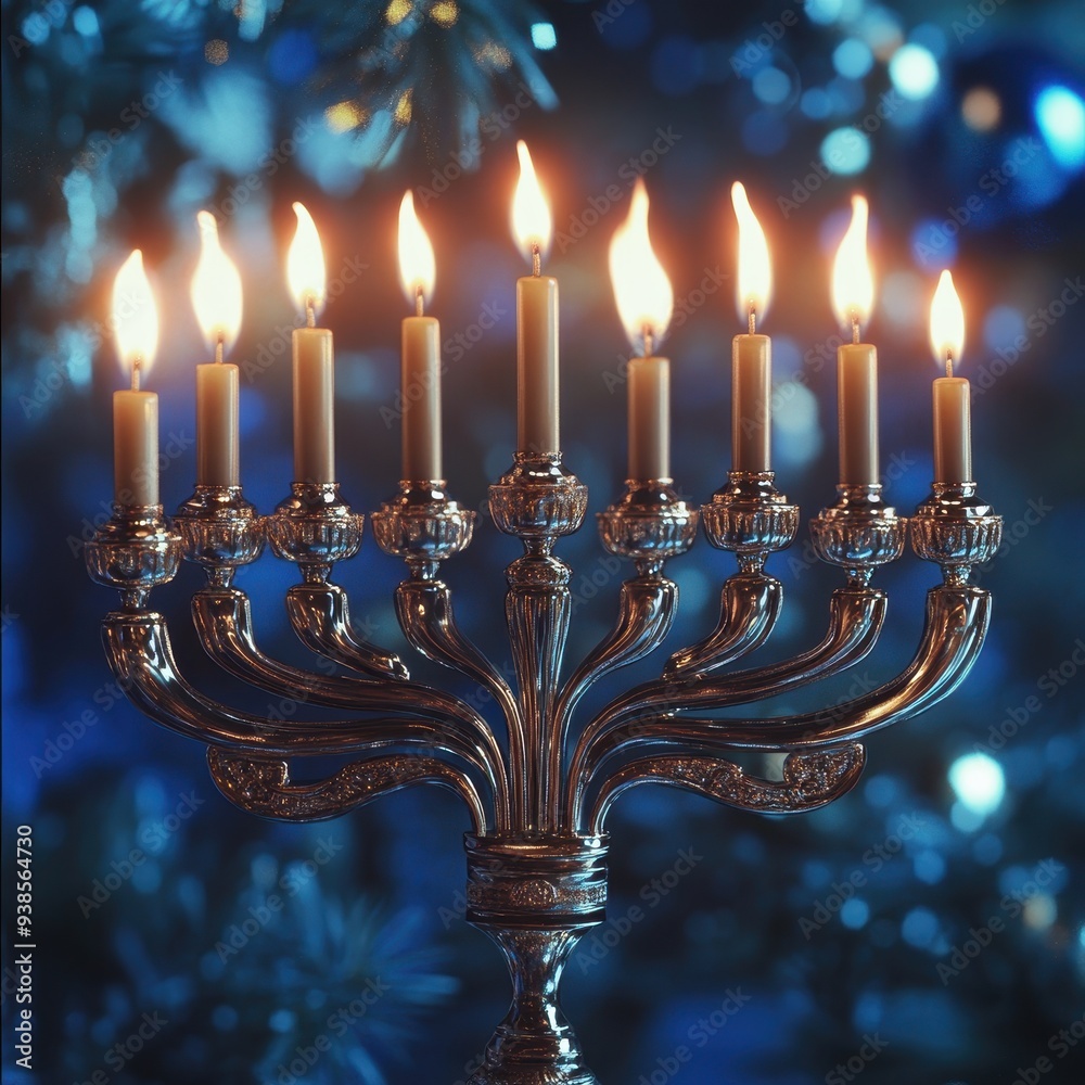 Silver Menorah with Burning Candles on a Blue Background - Hanukkah Celebration Silver Menorah with Burning Candles on a Blue Background - Hanukkah Celebration