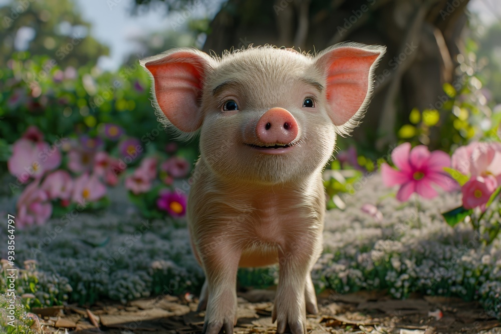 Closeup of cute pink baby piglets with white hair in the forest in isolated blurred background, cute pink baby pig with clean body in blur background Closeup of cute pink baby piglets with white hair in the forest in isolated blurred background, cute pink baby pig with clean body in blur background