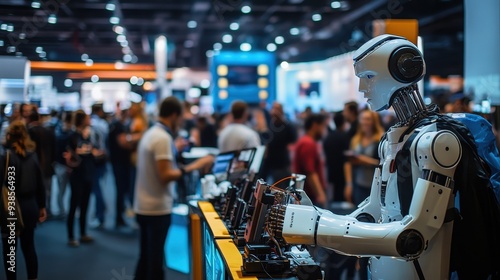 Futuristic White Robot Interacting with People at a Technology Conference.