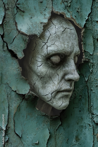 Cracked Stone Face Emerging from Weathered Green Wall