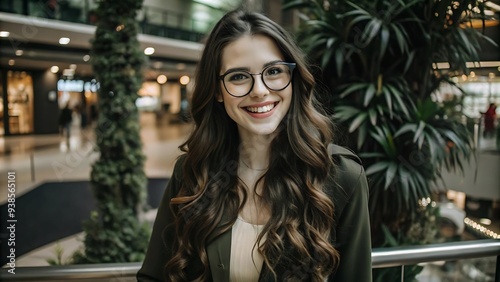 Smiling woman with long brown hair wearing glasses in a shopping mall.