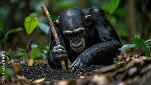 Chimpanzee Using a Stick to Dig in the Ground in the Jungle.