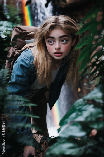 Young explorer near a waterfall in the forest