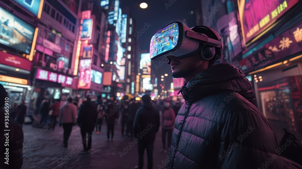Man Wearing VR Headset in a Neon-Lit City Street at Night. Man Wearing VR Headset in a Neon-Lit City Street at Night.