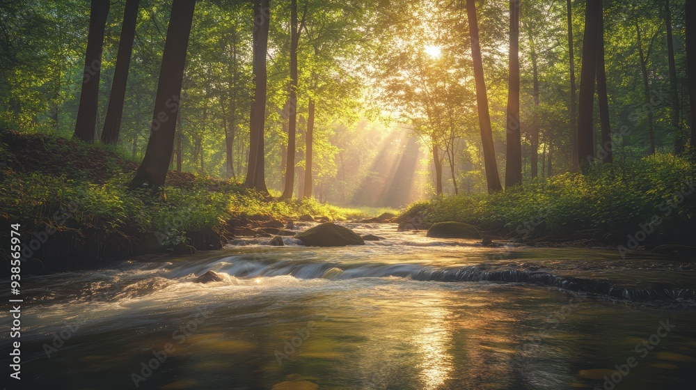 Sunbeams Shining Through Forest Canopy, Illuminating Tranquil River Stream. Sunbeams Shining Through Forest Canopy, Illuminating Tranquil River Stream.