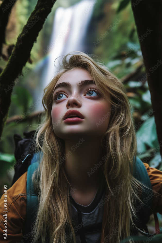 Naklejka premium Young explorer near a waterfall in the forest