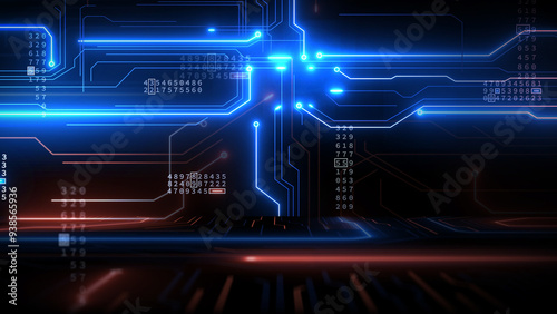 Digital cyberspace circuit board in neon glow lines with binary code particles network. Futuristic matrix data network connections. Digital graphic technology abstract background.