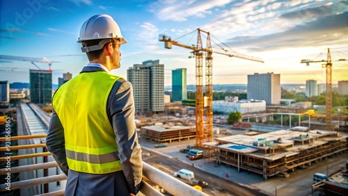 A civil engineer stands looking at the construction site