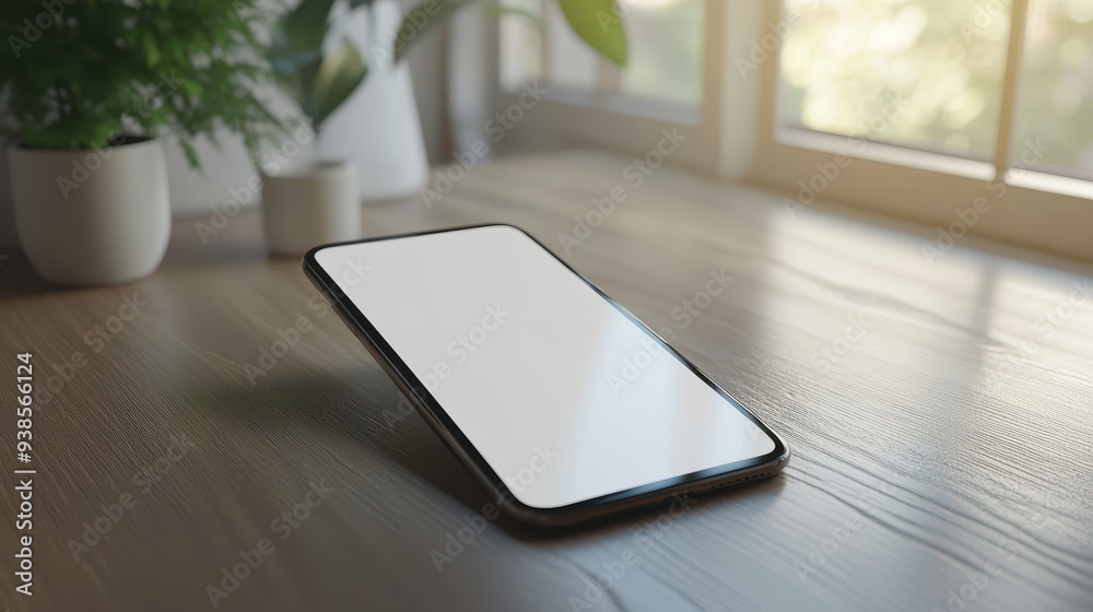 Smartphone with Blank Screen Laying on Wooden Table with Sunlight and Blurred Green Plant in the Background. Smartphone with Blank Screen Laying on Wooden Table with Sunlight and Blurred Green Plant in the Background.