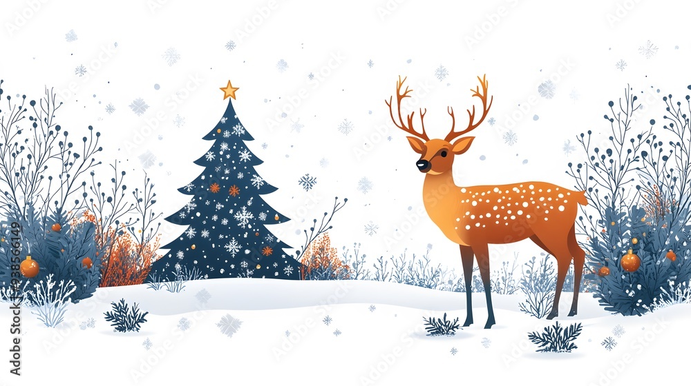 Modern Christmas card with abstract patterns, featuring a Christmas tree, deer, and decorative frames with space for greetings on a white backdrop Modern Christmas card with abstract patterns, featuring a Christmas tree, deer, and decorative frames with space for greetings on a white backdrop
