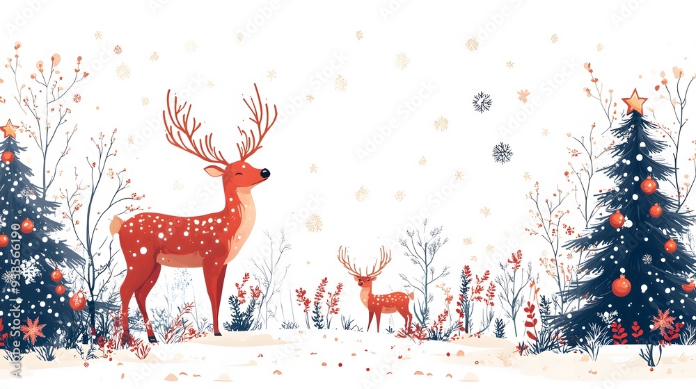 Stylish holiday card with abstract Christmas elements, a Christmas tree, deer, and decorative frame, on a clean white background with room for greetings Stylish holiday card with abstract Christmas elements, a Christmas tree, deer, and decorative frame, on a clean white background with room for greetings