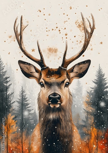 Modern abstract holiday card featuring a Christmas tree, deer, and decorative frames with ample space for greetings on a white background photo