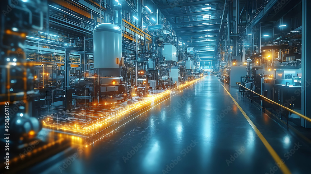 Modern industrial factory with glowing lines and equipment. Modern industrial factory with glowing lines and equipment.