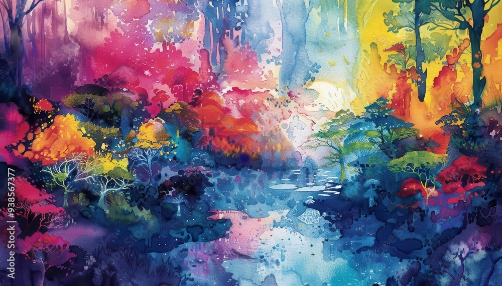 Fototapeta premium Biodiverse ecosystem teeming with life, Fantasy, Vibrant, Watercolor, Emphasizing natural variety