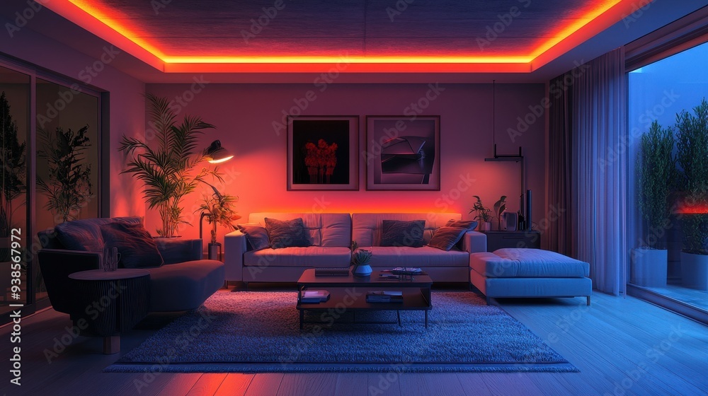 Modern Living Room Interior Design with Red LED Strip Lights and Cozy Furniture Modern Living Room Interior Design with Red LED Strip Lights and Cozy Furniture