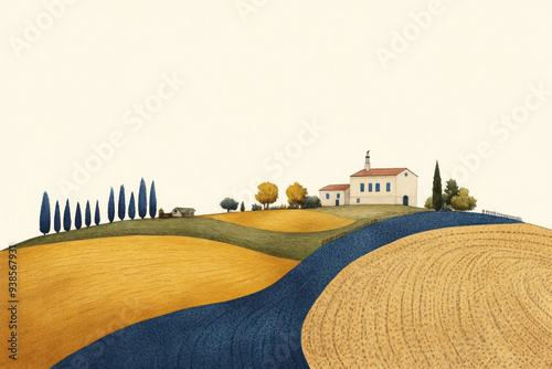 Detailed pen and ink drawing of an organic farm landscape, rural life, backtobasics agriculture photo