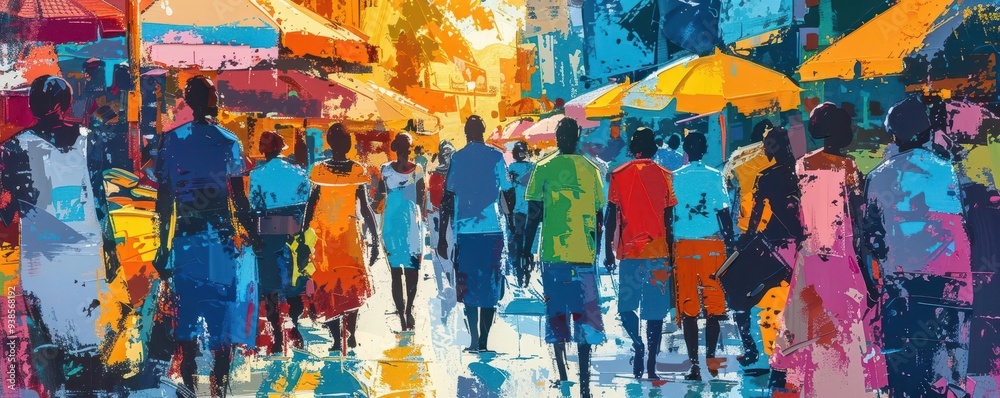 Bustling market street with people, Pop Art, Vibrant, Illustration, Emphasizing lively culture Bustling market street with people, Pop Art, Vibrant, Illustration, Emphasizing lively culture