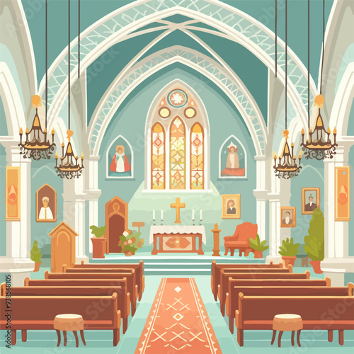 church interior with bench long