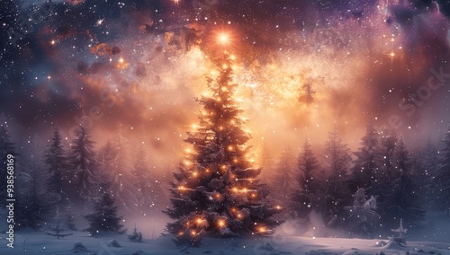 Magical Christmas Tree in Enchanted Snowy Forest under Starry Sky with Colorful Galaxies