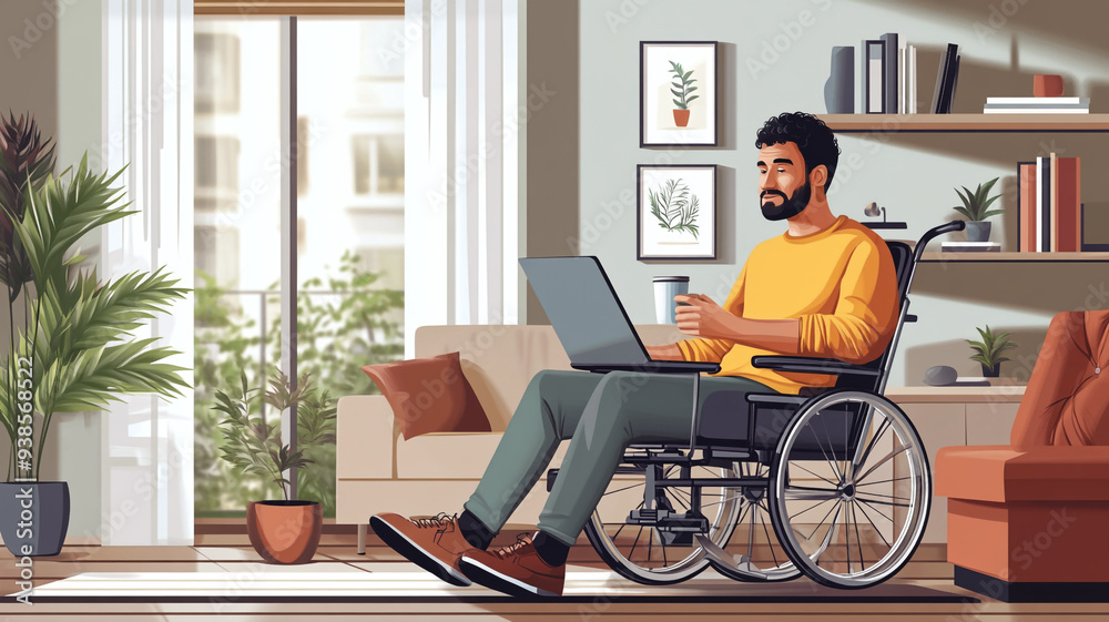 A creative workspace featuring a man in a wheelchair, engaged in work while enjoying a coffee on a sunny morning at home A creative workspace featuring a man in a wheelchair, engaged in work while enjoying a coffee on a sunny morning at home