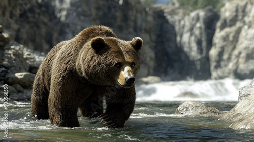 A large brown bear walks through a river in a rocky landscape.