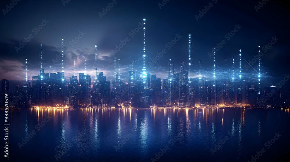 Night cityscape with glowing lines and dots, depicting a network or connection, reflected in the water. Night cityscape with glowing lines and dots, depicting a network or connection, reflected in the water.