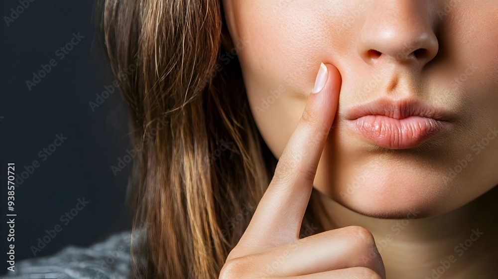 Closeup portrait of a person making a discreet shushing gesture by placing a finger over their lips isolated on a plain white or gray background with copy space Closeup portrait of a person making a discreet shushing gesture by placing a finger over their lips isolated on a plain white or gray background with copy space