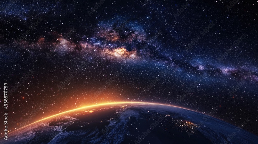 The Milky Way galaxy arching over a bright Earth, with stars filling the night sky The Milky Way galaxy arching over a bright Earth, with stars filling the night sky