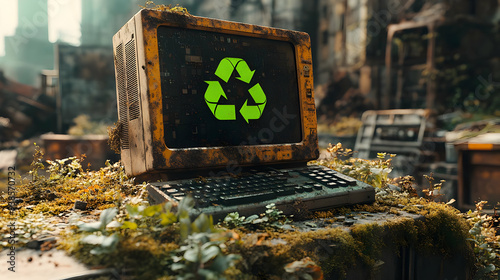 Old computer with a recycle sign on the screen, surrounded by vegetation. photo