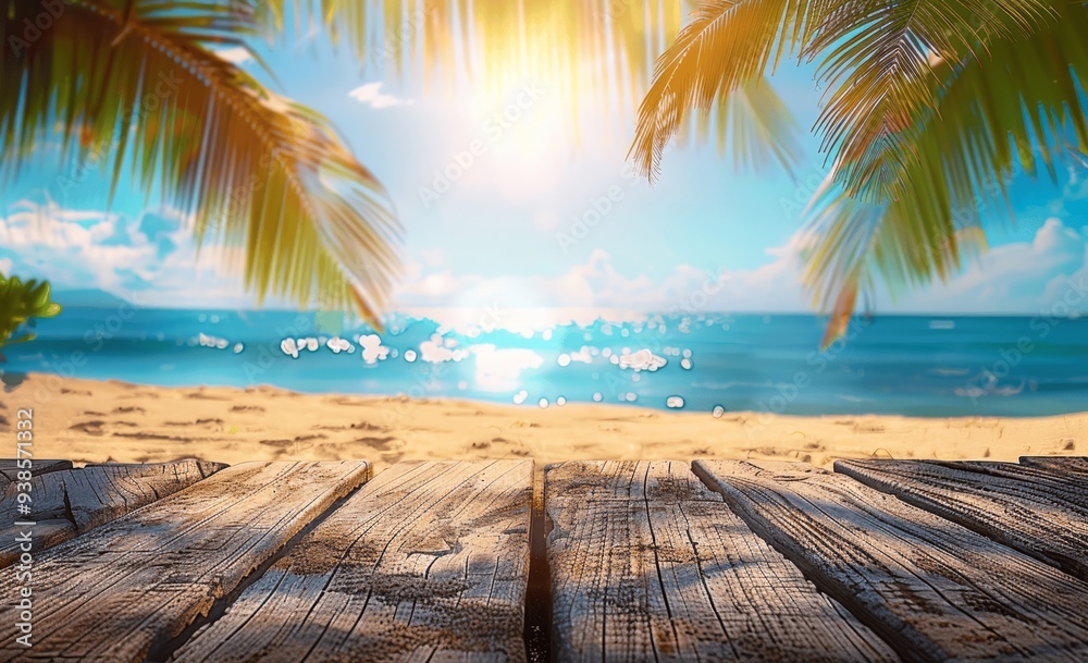 Summer Beach Scene with Wooden Table and Palm Leaves Summer Beach Scene with Wooden Table and Palm Leaves