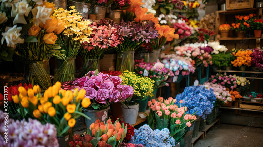 A bustling flower shop with a vibrant array of fresh, colorful flowers, perfect for any celebration. A bustling flower shop with a vibrant array of fresh, colorful flowers, perfect for any celebration.