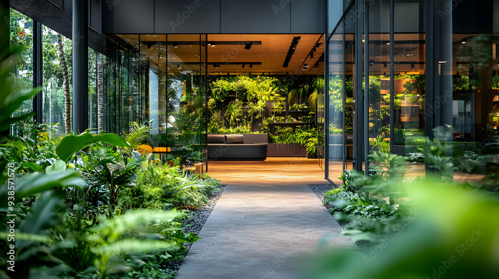 Path through a lush indoor garden leading to a lounge area with a black sofa and a wooden floor. Path through a lush indoor garden leading to a lounge area with a black sofa and a wooden floor.